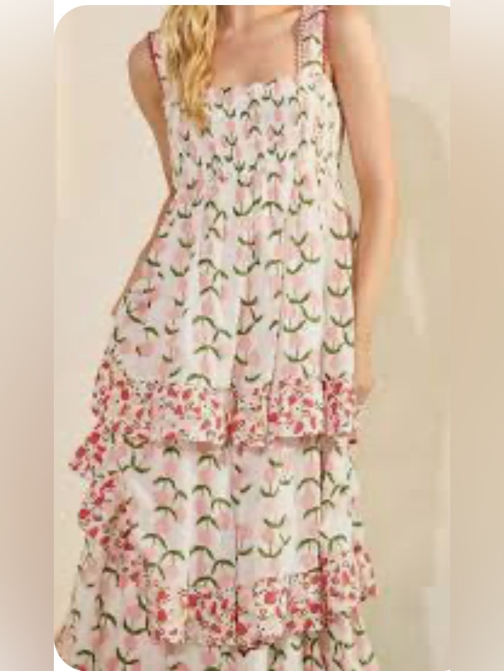 Lovelo NWT Small Print Tiered Strawberry Maxi Dress Pom Pon Strap White Pink